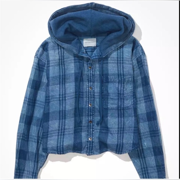 American Eagle Outfitters Tops Ae Cropped Hooded Flannel Shirt - Picture 2 of 7